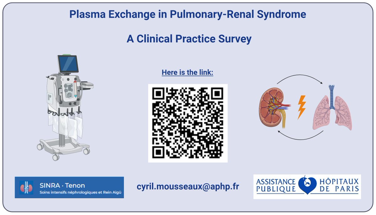 Seeking input on plasma exchange for pulmonary-renal syndrome through a quick 5-10 min bilingual survey with 2 case studies. redcap.link/3dvcwiyc Let’s discuss #vasculitis #gfev @Firn_sfndt @com_SFNDT @eular_org @srlf @ERAkidney @ISNkidneycare