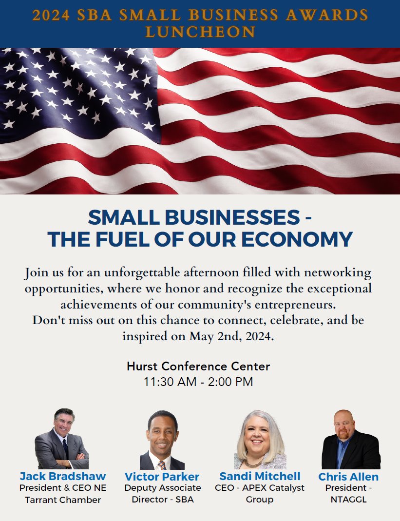 SBA Dallas-Fort Worth (@sbadfw) on Twitter photo Join us for our annual Small Business Awards Luncheon as we recognize the 2023 Small Business Award winners!!!
Thursday May 2 | 11:30am - 2:00pm, Hurst Conference Center, 1601 Campus, Hurst, TX.
Register here: score.org/fortworth/even…
Hosted by: <a href="/SCOREFortWorth/">SCORE Fort Worth</a> <a href="/SCOREdallas/">SCORE Dallas</a> Join us for our annual Small Business Awards Luncheon as we recognize the 2023 Small Business Award winners!!!
Thursday May 2 | 11:30am - 2:00pm, Hurst Conference Center, 1601 Campus, Hurst, TX.
Register here: score.org/fortworth/even…
Hosted by: <a href="/SCOREFortWorth/">SCORE Fort Worth</a> <a href="/SCOREdallas/">SCORE Dallas</a>