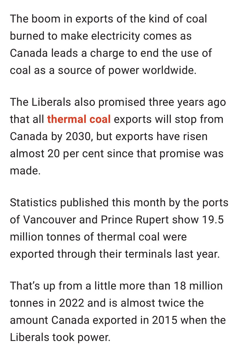 I see people say here that Canada only exports metallurgical coal. That’s untrue. We also export thermal coal (used for generating electricity). During Trudeau’s tenure as PM, Canada’s exports of thermal coal have DOUBLED. Why are we paying carbon tax? globalnews.ca/news/10392382/…