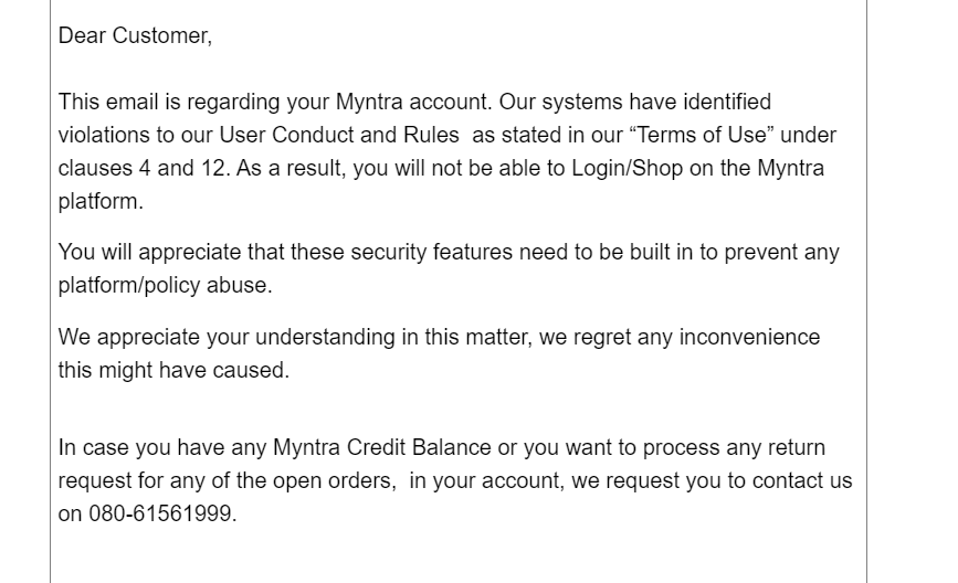 rrrashit's tweet photo. Hi Myntra , @MyntraSupport  Will i able to login again in @myntra   website ever again,  Raised the query two times .. Got this email now. I've not violated any rules and regulations as far as i know https://t.co/GLVWr3TrII