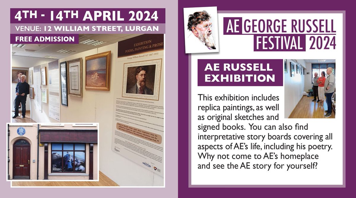 The annual AE George Russell exhibition at 12 William Street, Lurgan (AE's birthplace) continues until 14 April and booking is recommended. Organised by @aegeorgerussell, the festival has literature, art, myth, history and music. issuu.com/aegeorgerussel…