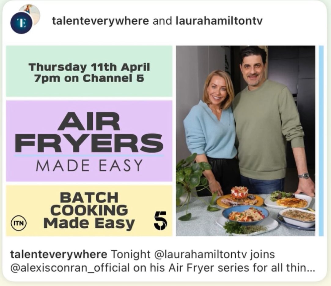 TONIGHT on @channel5_tv at 7pm join myself and @alexisconran as we are cooking up a storm with an air fryer! @TalentEvrywhere #airfryer #cooking