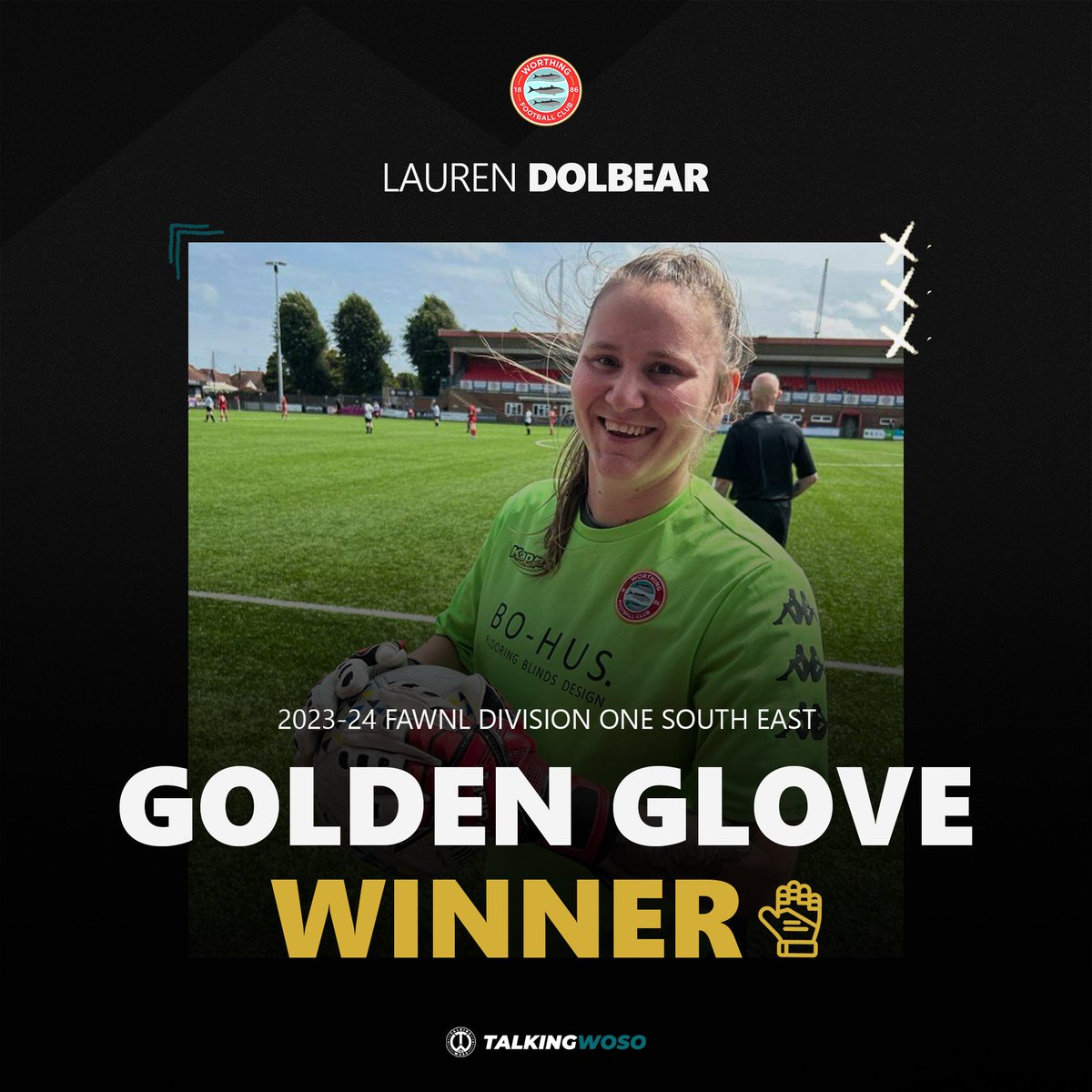Worthing keeper Lauren Dolbear has claimed the FAWNL Division One South East Golden Glove award for the 2023-24 season.

Dolbear, who last season won the L&amp;SERWFL Premier Division Golden Glove award, has so far recorded 8 clean sheets this term. A record that cannot be matched.
