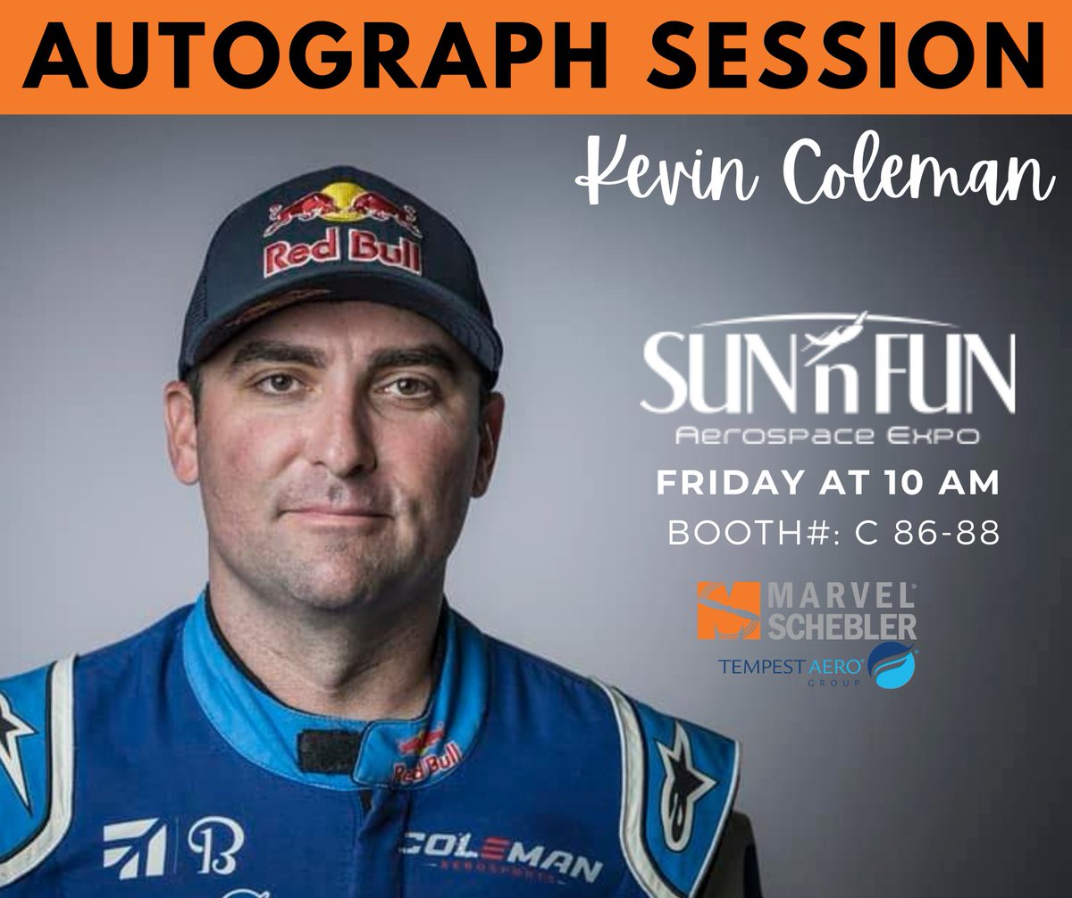 Attention SUN 'n FUN Attendees!  Mark your calendars for Friday at 10 AM!
Stop by our booth for an Autograph Session with Kevin Coleman and Nathan Hammond of GhostWriter Airshows 
BOOTH #: C 86-88
#SunNFun #MarvelSchebler #KevinColman #NathanHammond