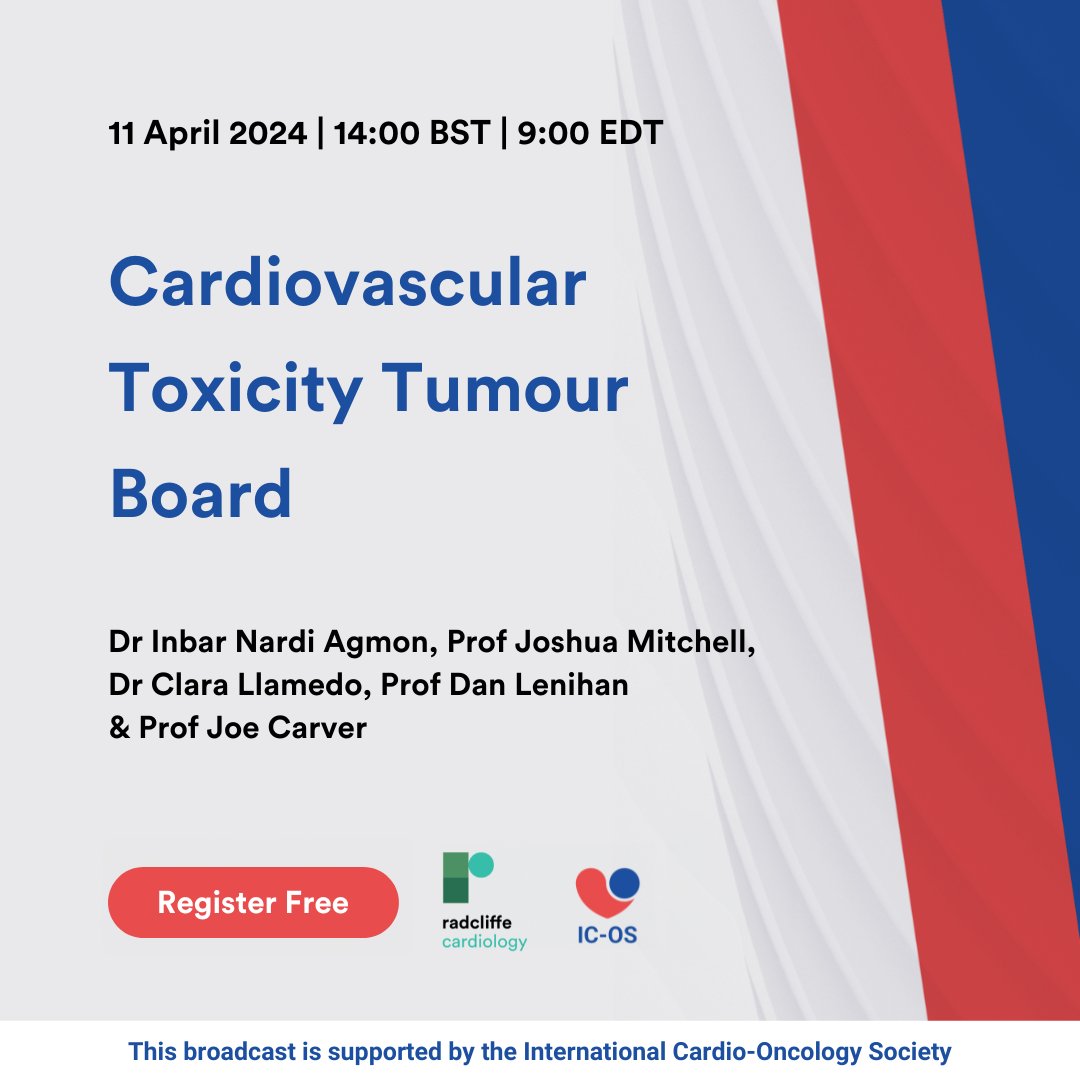 What are the cardiovascular complications arising from cancer treatment? Find out in this broadcast TODAY at 14:00 BST | 9:00 EDT 🔗 ow.ly/RCPu50RcaV3 Prof Daniel Lenihan, Prof Joe Carver, Dr Inbar Nardi Agmon, Prof @joshmitchellmd and Dr @LlamedoClara will review cases,…
