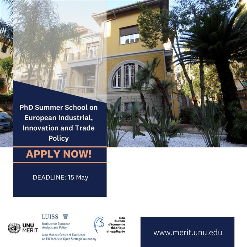 UNU-MERIT is co-organising a summer school for PhD students and early career researchers on European Industrial, Innovation and Trade Policy. 📍 @UniLUISS, Rome 📅 3-7 June 2024 ⏰ Apply before 15 May ✅ Free to attend ➡️ Learn more: tinyurl.com/2p8cnke9