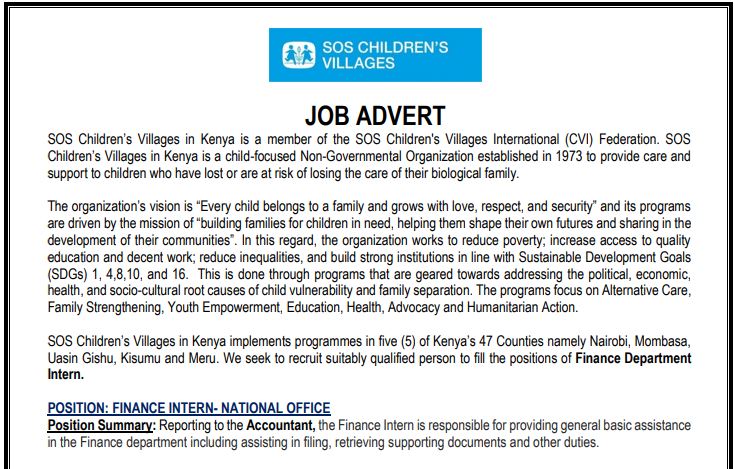 Calling all passionate finance whizzes! SOS Children's Villages in Kenya seeks a Finance Intern to join our team. Make a difference in the lives of children! Apply now: Link>drive.google.com/file/d/1bTI3up… #SOSChildrensVillages #FinanceIntern