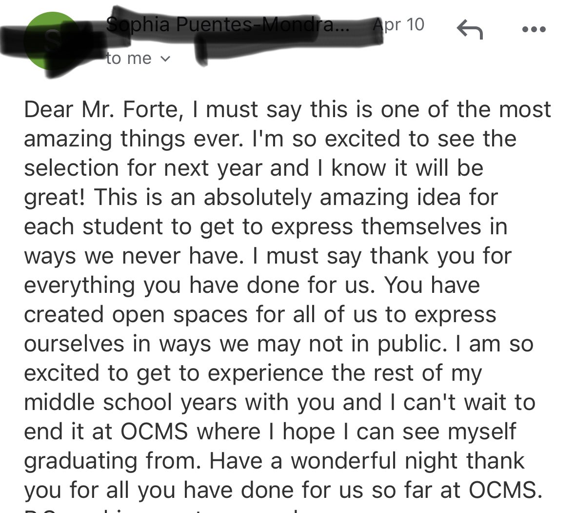 Thursday is off to a great start when you open your email and a student expresses their excitement and compassion for things you do at the school! All about the students. #housesystem #middleschool #amle #studentgrowth #mindset #studentvoice #studentchoice