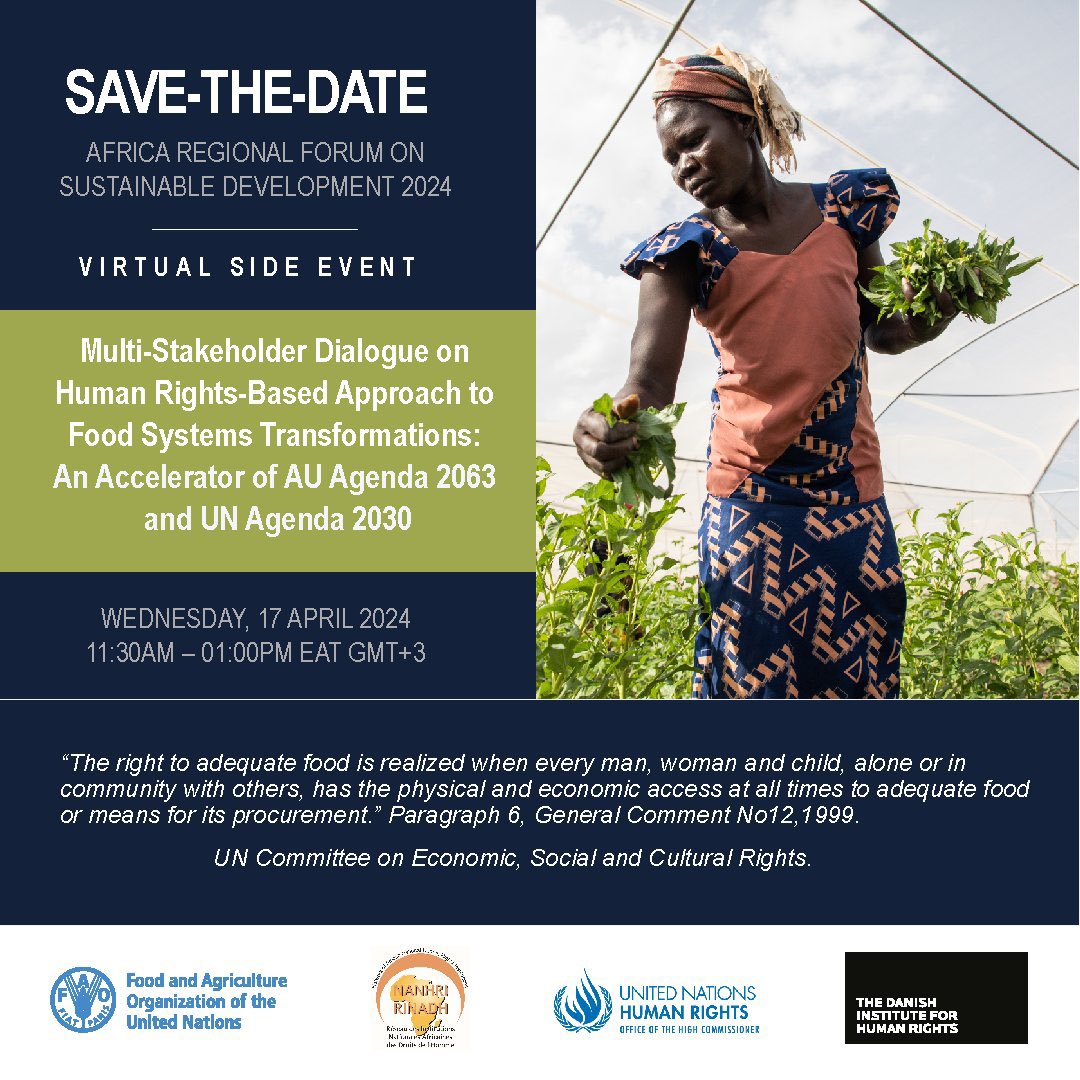 Don't miss our #ARFSD-10's virtual side event! 🚀Dive into the conversation on the 'Multi-stakeholder dialogue on human rights-based approach to food systems transformations.' @OHCHR_EARO 📅 17 April ⌛11:30-01:00 EAT/GMT +3 👉Register here: bit.ly/4aPeIBB