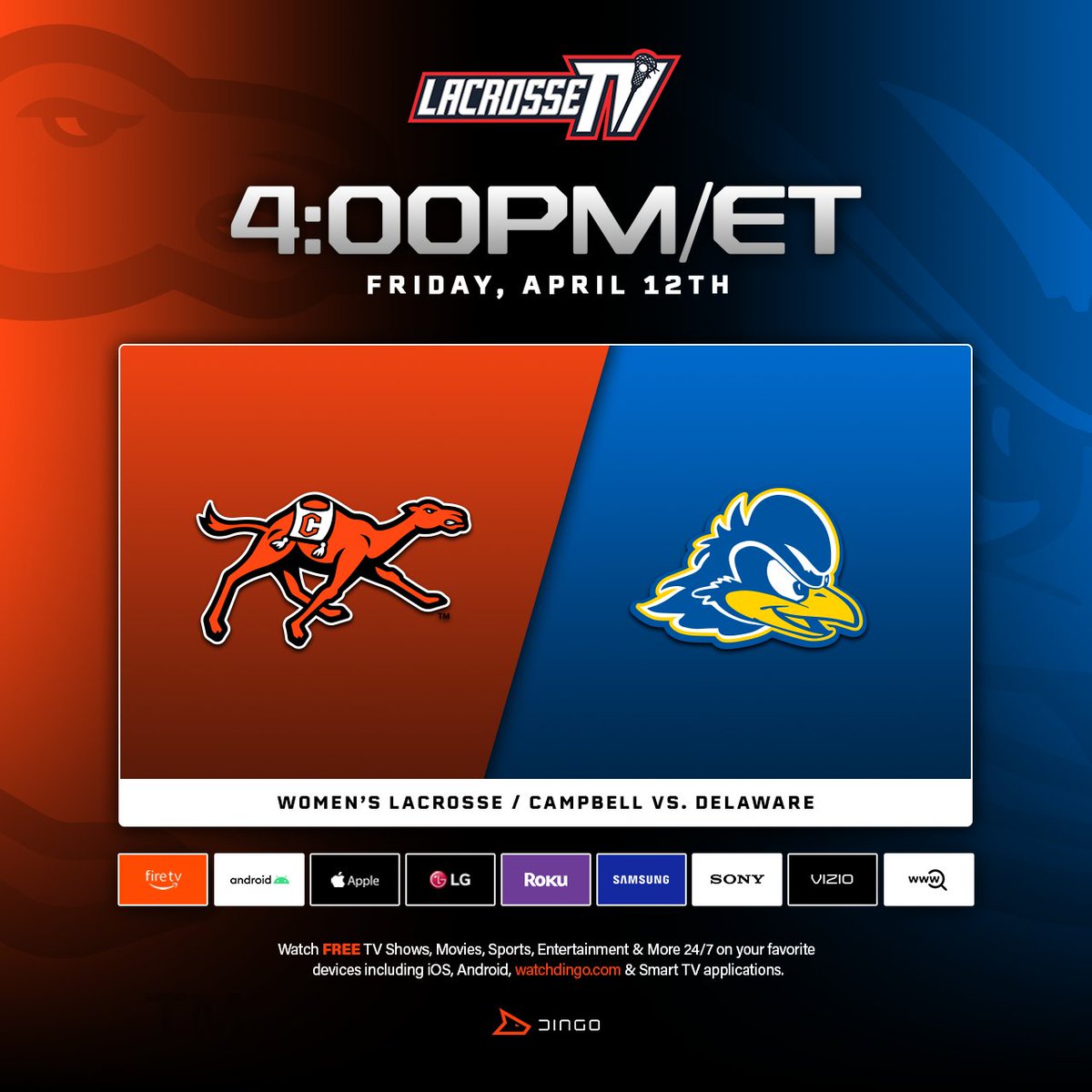 Friday, April 12th at 4:00PM/ET on Lacrosse TV @CAASports Women's Lacrosse Game of the Week @GoCamelsWLAX vs. @DelawareWLax WATCH FREE ➡️ bit.ly/DingoTV_Lacros… 📺 @WatchDingoTV