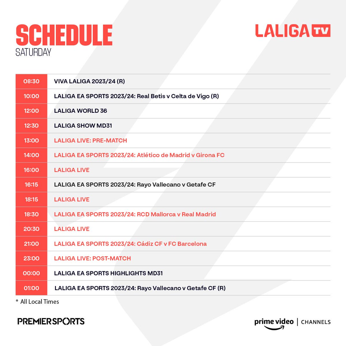 📅 𝗦𝗔𝗧𝗨𝗥𝗗𝗔𝗬 𝗦𝗖𝗛𝗘𝗗𝗨𝗟𝗘 🤩 Another full day of LALIGA action coming your way!! 📺 #LALIGATV | @PremSportsTV | @primevideouk