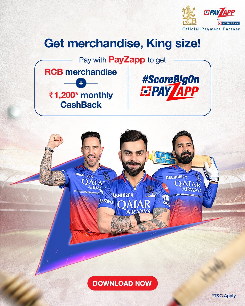 Don't just live life king size, score also king size. While the King scores on the field, you can score off it. Pay with PayZapp and get RCB merchandise along with CashBack up to Rs1,200! Download the App by clicking the link below and participate in the #ScoreBigOnPayzapp