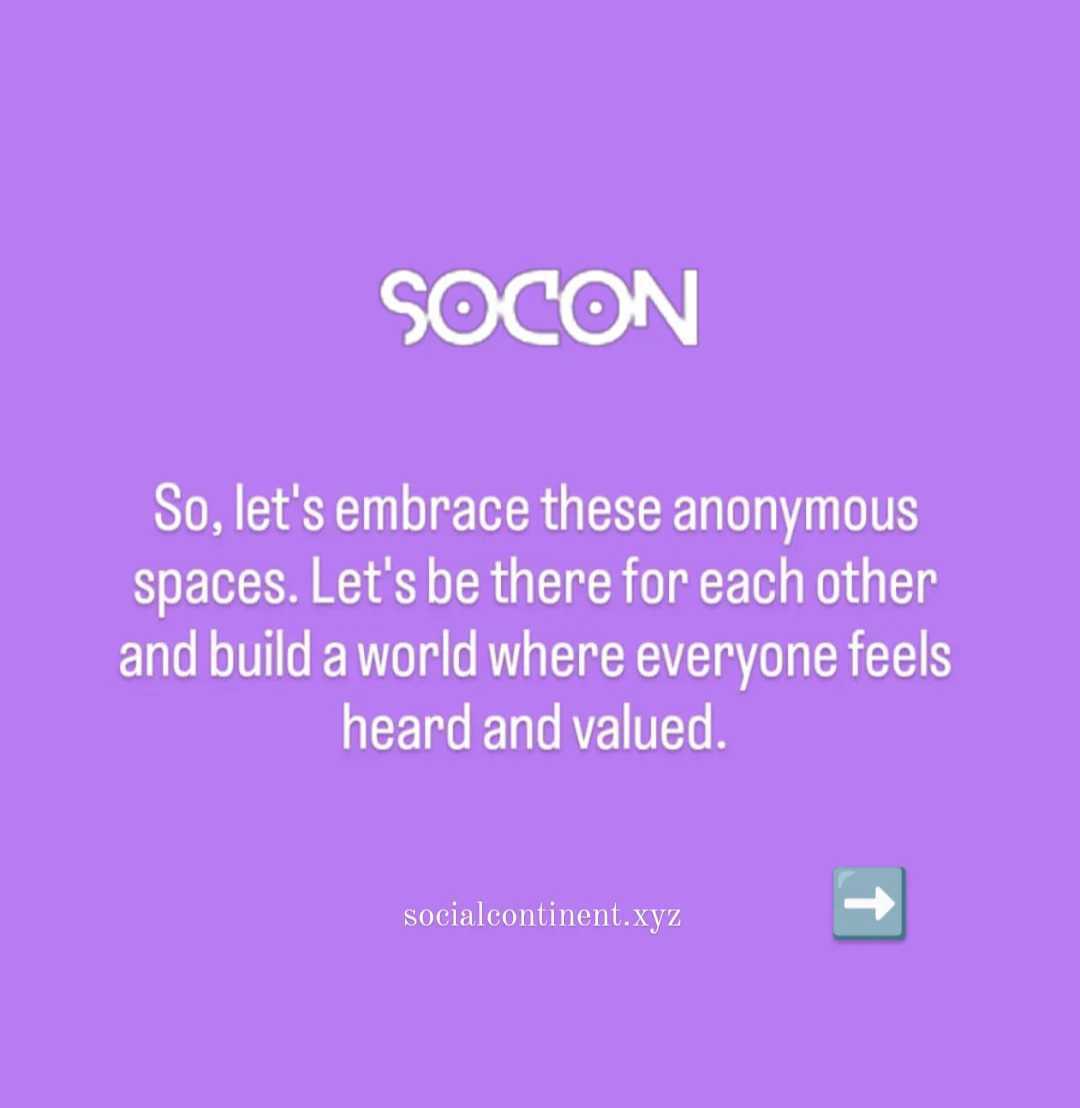 Anonymity can lead to empathy, solidarity, and understanding in social space. 💭

#SOCON #Anonymous #Community #marginalizedpeople #isolatedpeople #support #RaiseYourVoice #freedomofexpression #bully #cyberbullying