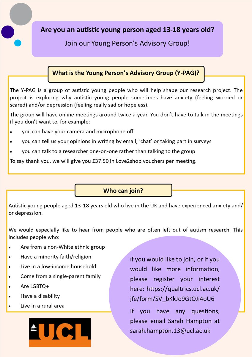 We’re looking for autistic young people (aged 13-18) to join our Young Persons Advisory Group and shape our research into mental health! We’d really like to hear from those often left out of autism research - more info here: qualtrics.ucl.ac.uk/jfe/form/SV_bK… Please retweet!