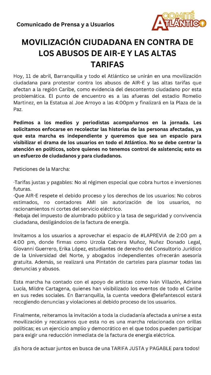 KarolSolisMenco's tweet photo. “Pedimos a los medios y periodistas acompañarnos en la jornada. Les solicitamos enfocarse en recolectar las historias de las personas afectadas, ya que esta marcha es independiente y queremos que sea un espacio para visibilizar el drama de los usuarios en todo el Atlántico. 

No se debe centrar la atención en políticos, sobre quienes no tenemos control de asistencia; esto es un esfuerzo de ciudadanos y para ciudadanos.”