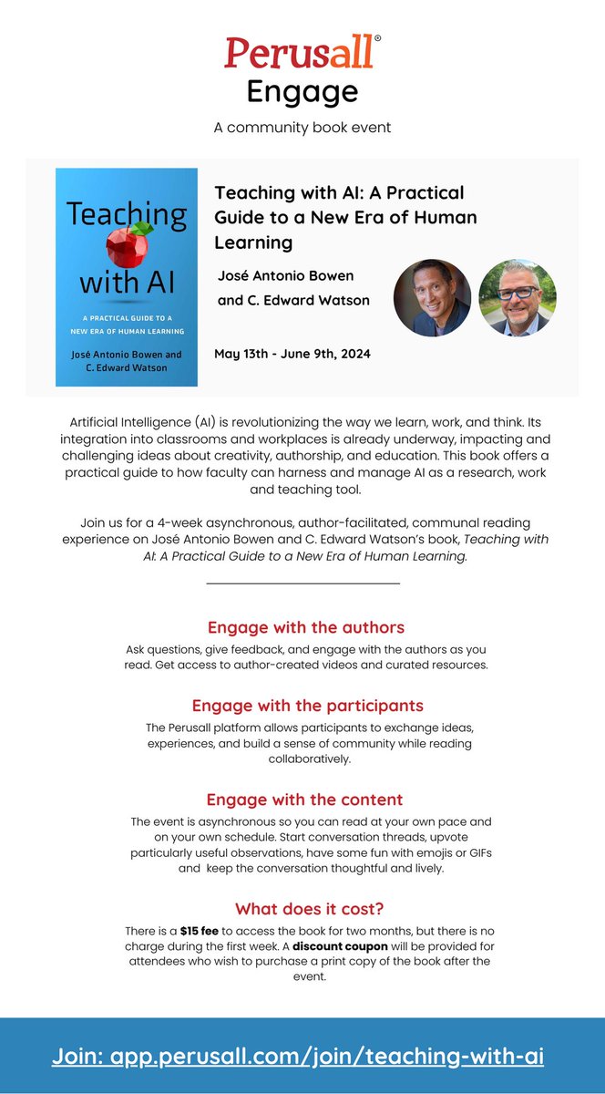 Let's start an international asynchronous conversation on teaching with #AI!

Starting May 13th, you can join Teaching with AI authors @josebowen & @eddiewatson at their #PerusallEngage 4-week long #bookevent. 

Join: hubs.li/Q02rp_qr0
#GenerativeAI #Education #Teaching
