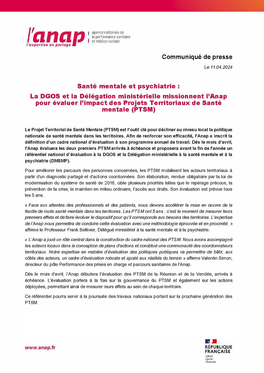 Missionnée par la DGOS & la délégation ministérielle à la santé mentale et la psychiatrie, l'Anap évalue les Projets Territoriaux de Santé Mentale (PTSM) 👀 🔍Evaluation de 2 PTSM arrivés à échéance 📝Elaboration d'un référentiel national d’évaluation déployable par les ARS 👇