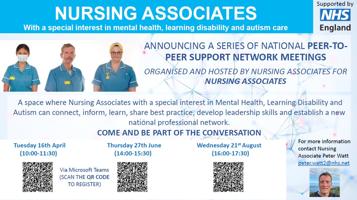 Join Nursing Associates for a series of national peer to peer support network meetings organised for #NursingAssociates with a special interest in #MentalHealth, #LearningDisability and #Autism. Events held on 16 April, 27 June, 21 August. Join our team: orlo.uk/I2Hqv