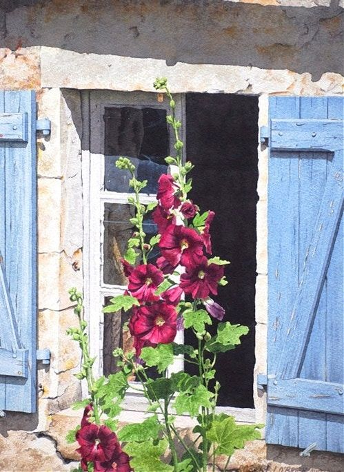 🎨Robert J. O’Brien, Blue Shutters and Hollyhocks