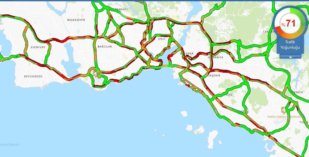 İstanbul’da trafik yoğunluğu %70’i geçti.