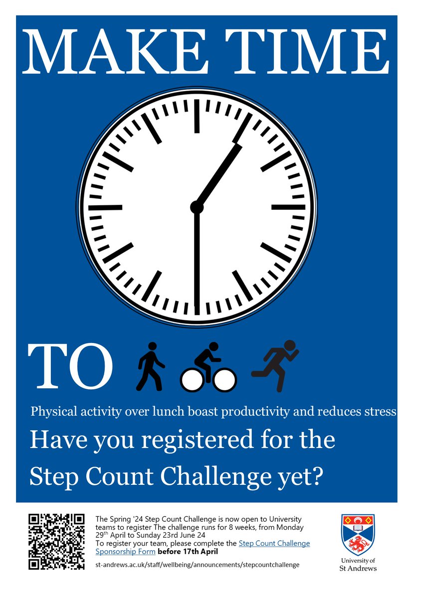 The @univofstandrews @PathsforAll #StepCountChallenge is back for Spring 2024! Swap your car commute with a walk, run or cycle! Work together as a team! Get in touch if you'd like to do it as an individual, a great way to meet new friends! Register here: tinyurl.com/22wtvcme
