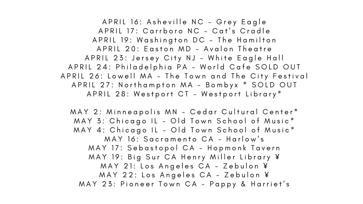 Hello dear reader, Here are my upcoming April & May US tour dates! *with special guest Eugene Mirman opening ¥ full band show backed by Kelley Stoltz & His Men Love on ya, RH robynhitchcock.com/tour