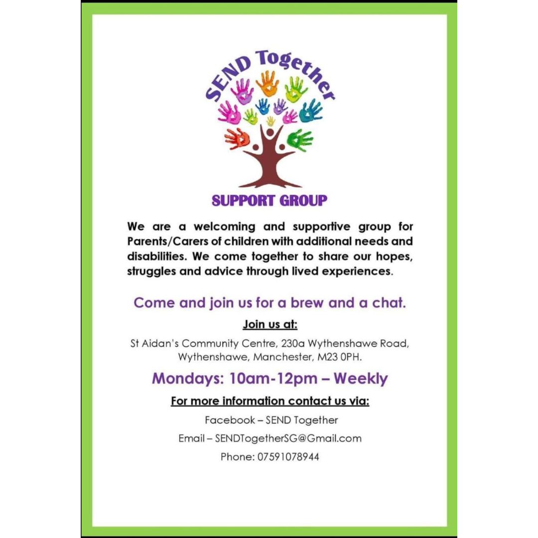 SEND together #Support #Group helps #parents #carers of #children with additional needs and #disabilities come together to share #hopes, #struggles and #advice - #join them for a #coffee and #chat Mon 10-12 St Aidans Community Centre #Wythenshawe - more details on the leaflet