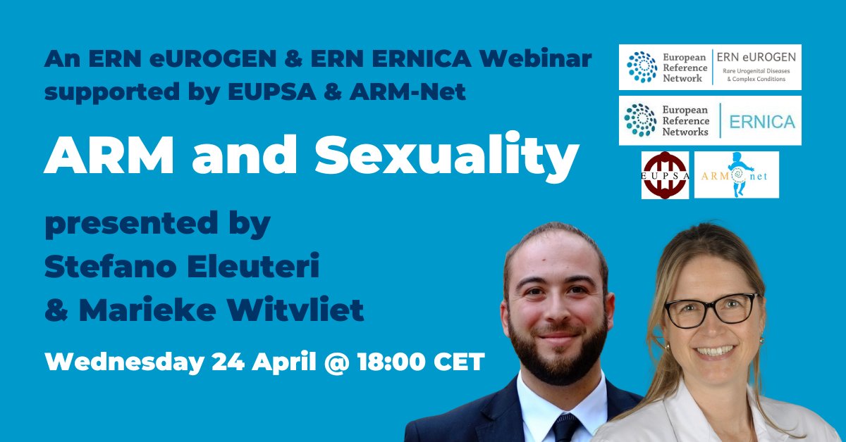 Join this @ERN_eUROGEN & @ernica_ern webinar supported by @EupsaSurgeons & ARM-Net: 🖥 ARM & Sexuality 👥 Stefano Eleuteri @SapienzaRoma & Marieke Witvliet @UniUtrecht 📅 Wednesday 24 April, 18:00 CET 🔗 bit.ly/ERNeUROGEN24Ap… #RareDisease #UroSoMe #Urology #PedUro #SoMe4PedSurg