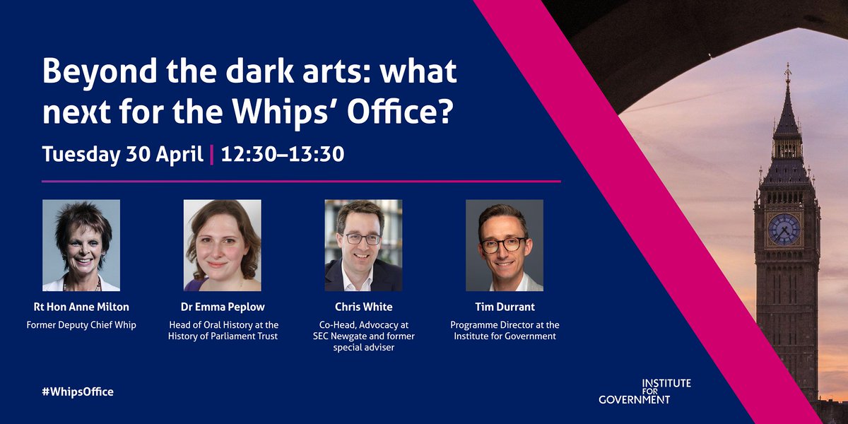 EVENT: The Whips’ Office is crucial for achieving any government’s agenda. How has the role changed in recent years and how might it change in the future? Register to join us in person or online on Tuesday 30 April - with @AnneMilton @EmmaPeplow @cgwOMT instituteforgovernment.org.uk/event/dark-art…