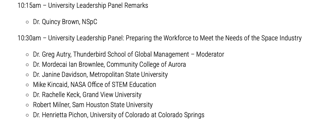 I'm looking forward to the introduction by Dr. Brown and moderating a packed, all-star panel today on Workforce. Look at this line up! #SpaceSymposium @SpaceFoundation @Thunderbird