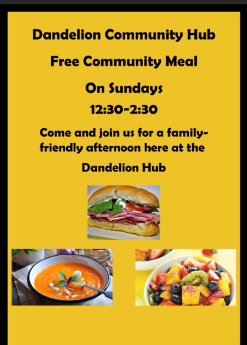 Come and join the Dandelion Community Hub for a family friendly afternoon with a free community meal every Sunday 12.30 to 2.30pm