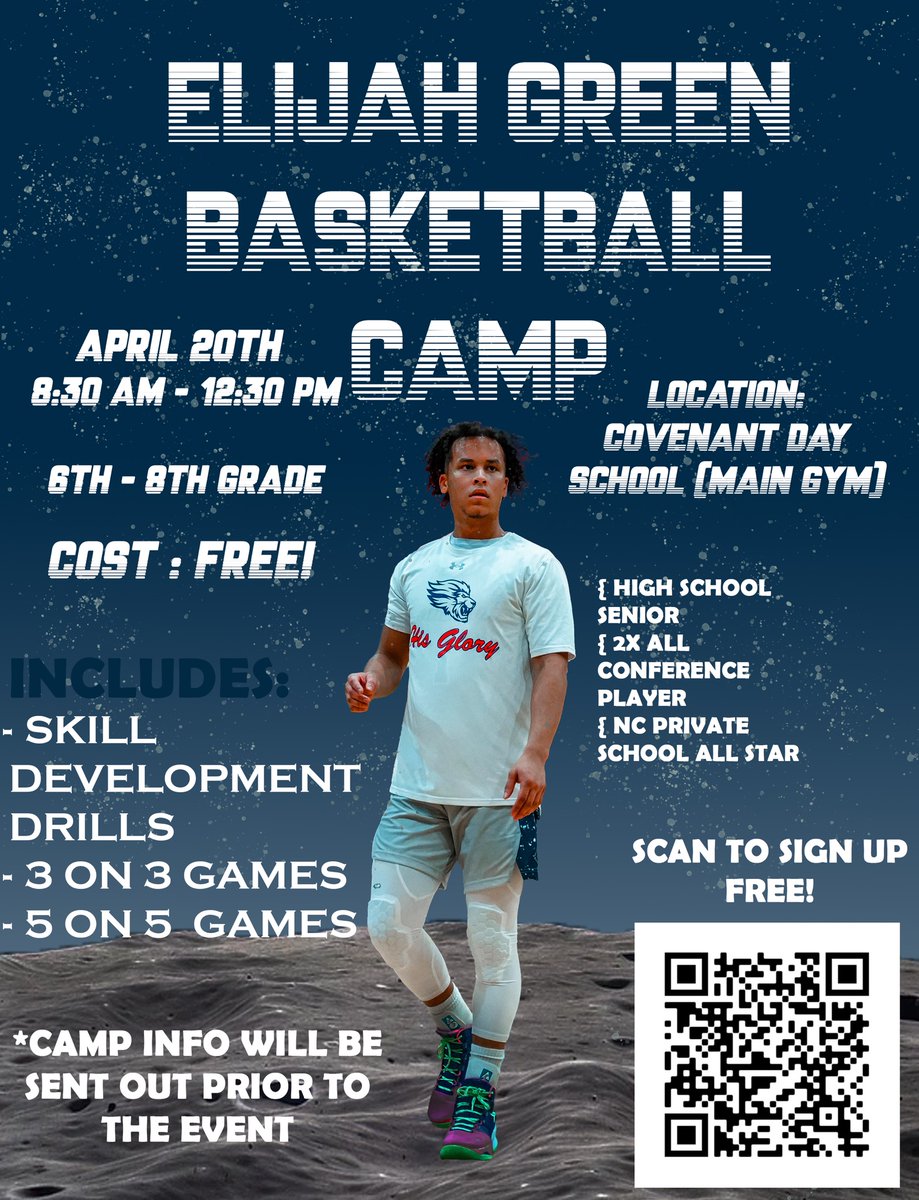 'Come out and enhance your basketball skills in a fun environment at @eliijahgreen Senior Project Basketball Camp! Make sure you sign up by scanning the barcode. The deadline to sign up is Thursday, April 18th. Go Lions!' #ROARASONE