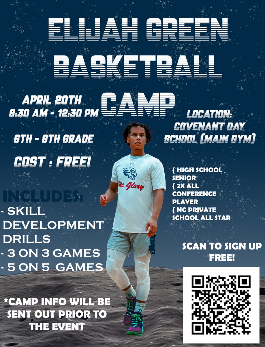 CovenantDayBB (@covenantdaybb) on Twitter photo "Come out and enhance your basketball skills in a fun environment at <a href="/eliijahgreen/">Elijah Green</a> Senior Project Basketball Camp! Make sure you sign up by scanning the barcode. The deadline to sign up is Thursday, April 18th. Go Lions!"
#ROARASONE "Come out and enhance your basketball skills in a fun environment at <a href="/eliijahgreen/">Elijah Green</a> Senior Project Basketball Camp! Make sure you sign up by scanning the barcode. The deadline to sign up is Thursday, April 18th. Go Lions!"
#ROARASONE