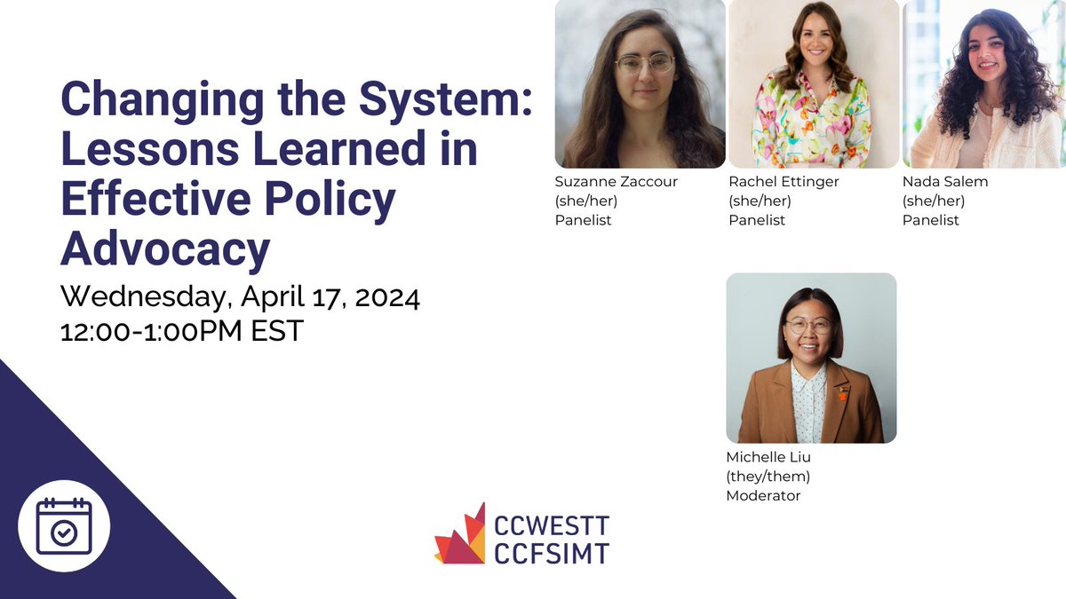 Tune into our panel with advocacy organizations that have successfully moved the needle on systems change in their areas. Featuring speakers from <a href="/NAWLWomeninLaw/">National Association of Women Lawyers</a> <a href="/E4Dca/">Evidence for Democracy</a> @shophereforher an excellent primer for our upcoming Policy Forum at #CCWESTT2024 ccwestt-ccfsimt.org/event_posting/…