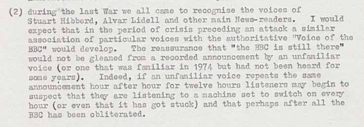 In an Archives discussion about BBC broadcasting to the UK after a nuclear attack, the concern was raised that automated announcements may lead survivors to worry that the BBC 'has been obliterated'...