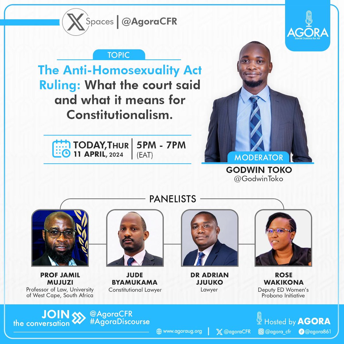 Dr. Adrian Jjuuko will be part of a discussion on the implications of the judgement in the constitutional petitions that challenged the Anti-Homosexuality Act 2023 and its impact on constitutionalism The discussion will be hosted by @AgoraCFR at 5:00PM EAT