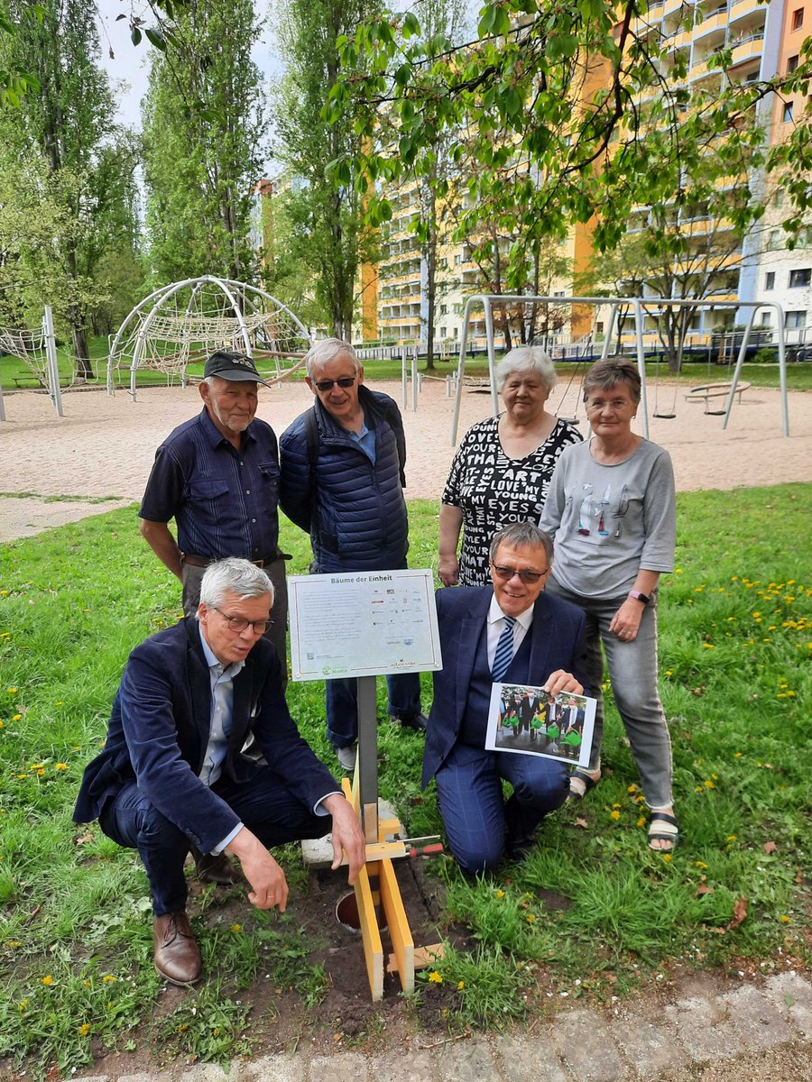 Bürgermeister <a href="/BurkhardExner/">Burkhard Exner</a> enthüllte heute mit der <a href="/staatskanzleibb/">Staatskanzlei Brandenburg</a> ein Info-Schild für die #Bäume der #Einheit in Potsdam-West. Sie wurden anlässlich des 30. Jahrestages der Deutschen  Einheit von den Ministerpräsidentinnen und Ministerpräsidenten gepflanzt. #einheitsbuddeln