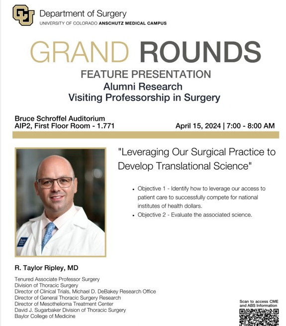 Join us for Grand Rounds on Monday for @RTaylorRipley returning to @CUDeptSurg to deliver his lessons on building an academic surgical practice. @CUAnschutz
