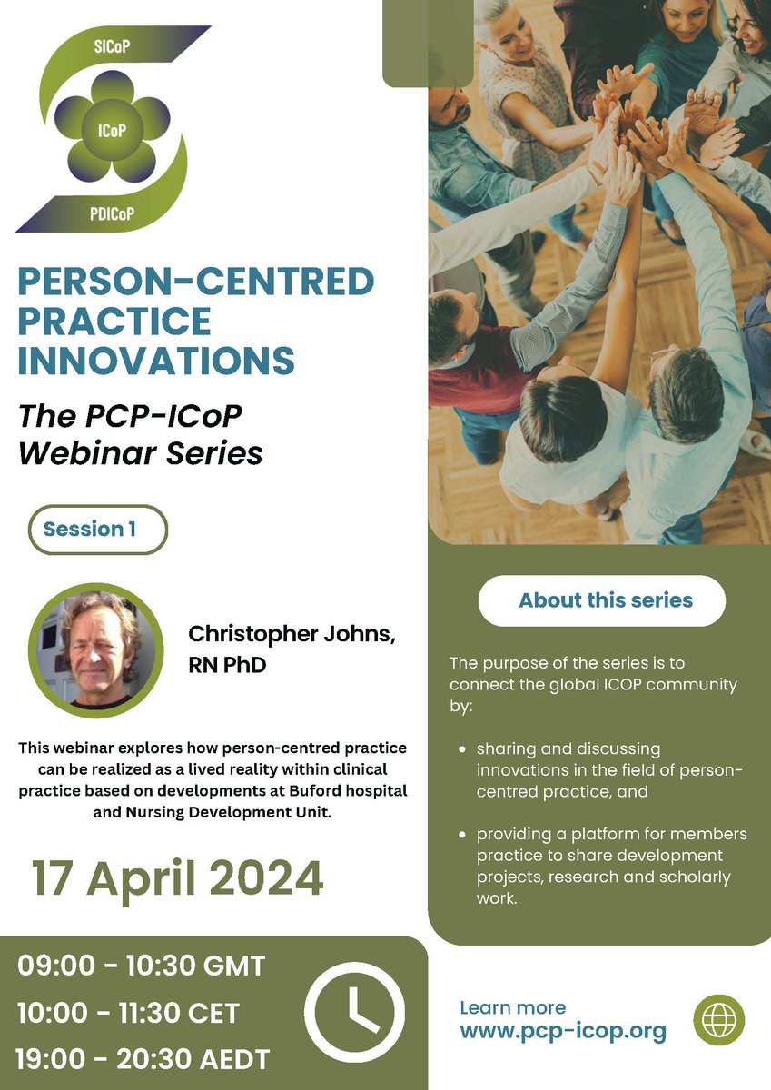 Looking forward to next Wednesday's Person-Centred Practice Innovation' webinar. Our first guest is Christopher Johns who explores how person-centred practice can be realized as a lived reality within clinical practice. ⭐️09:00 GMT ⭐️10:00 CET ⭐️19:00 AEDT