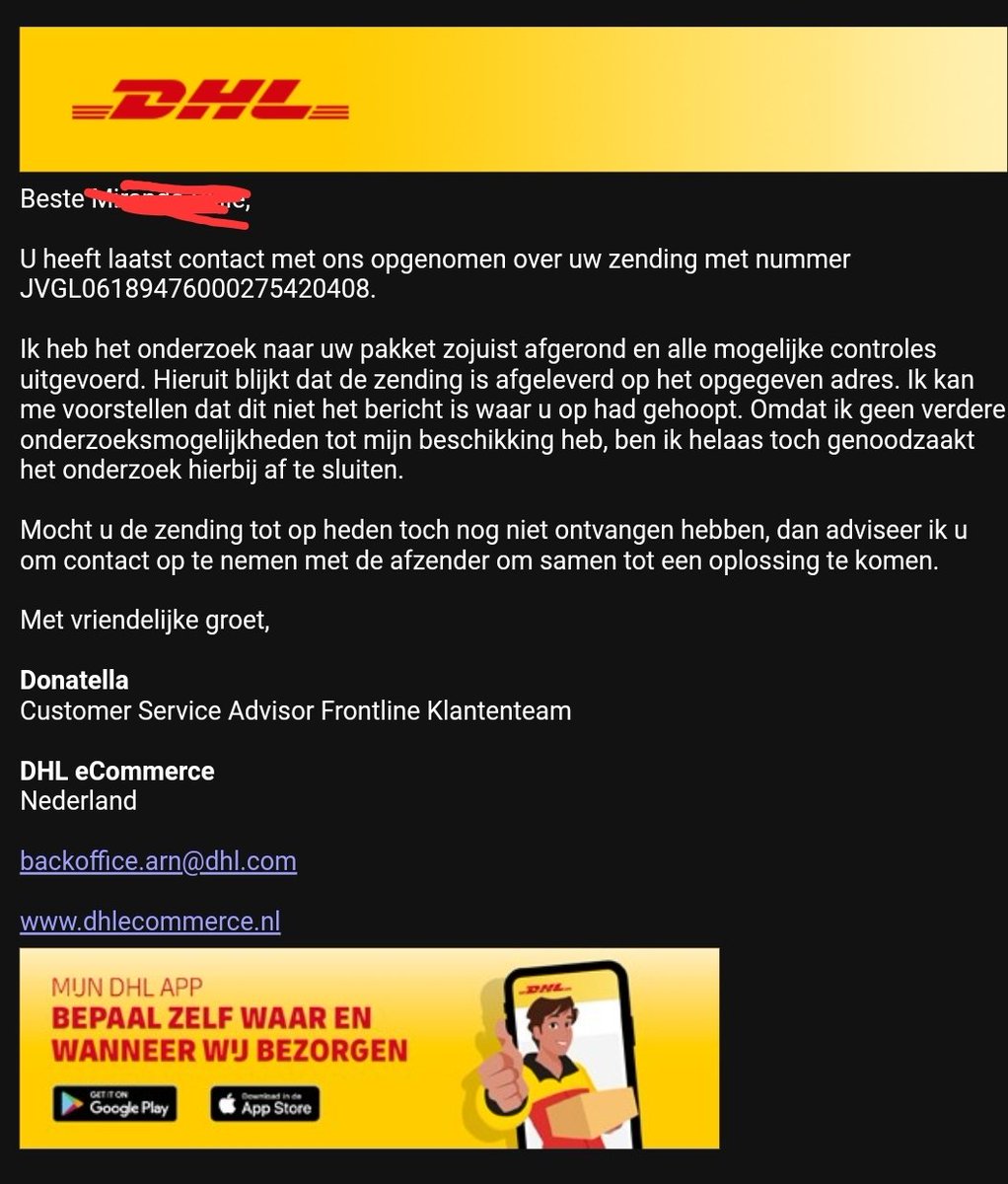 seikoblij's tweet photo. @DHLNL 
2x Pakketje wordt niet bezorgd, melding gemaakt. Na 1 dag komt de buurvrouw van aantal huizen verderop de pakketjes brengen. Deze heeft ze in d'r tuin gevonden met onkruid wieden. En dit laat #dhl weten. 🤮🤮 https://t.co/Ed529OQ3vd