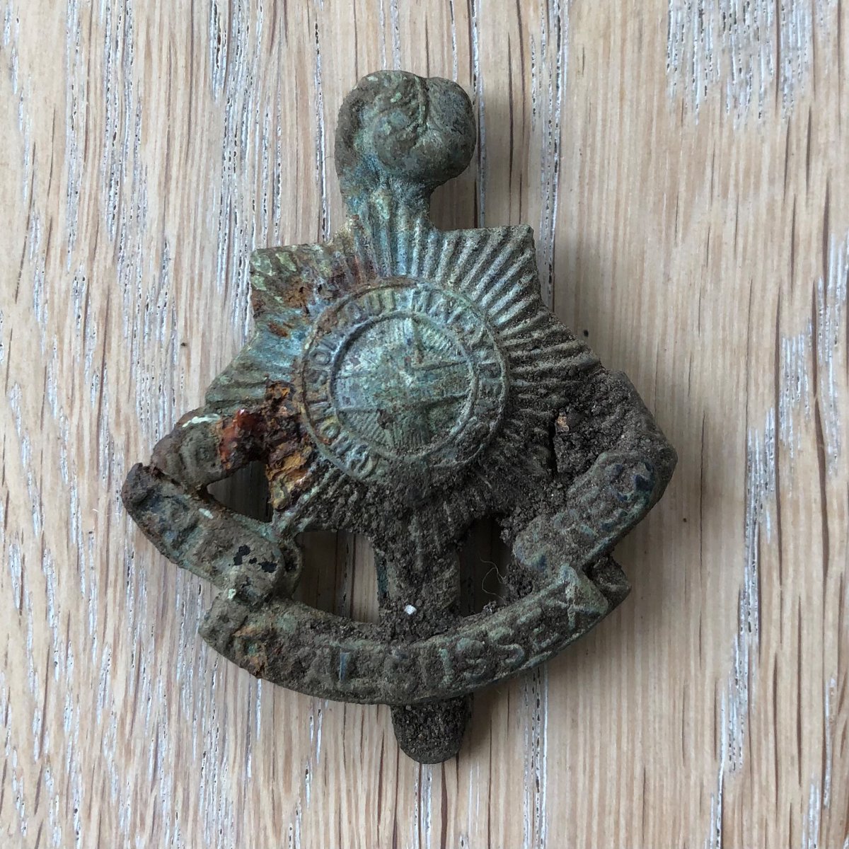 Found on an allotment in north London - a cap badge of the Royal Sussex Regiment, which was absorbed into the Queen’s Regiment in 1966.