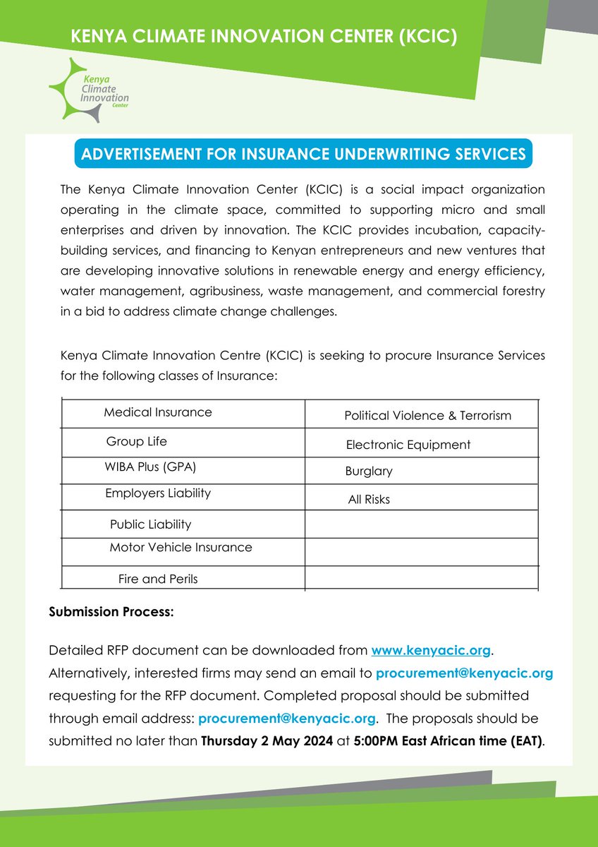 Are you a seasoned insurance firm? KCIC invites you to submit your bids for our latest Request for Proposal (#RFP). The deadline for the proposal is May 2, 2024. 🔗Learn more about the details here: kenyacic.org/procurement/