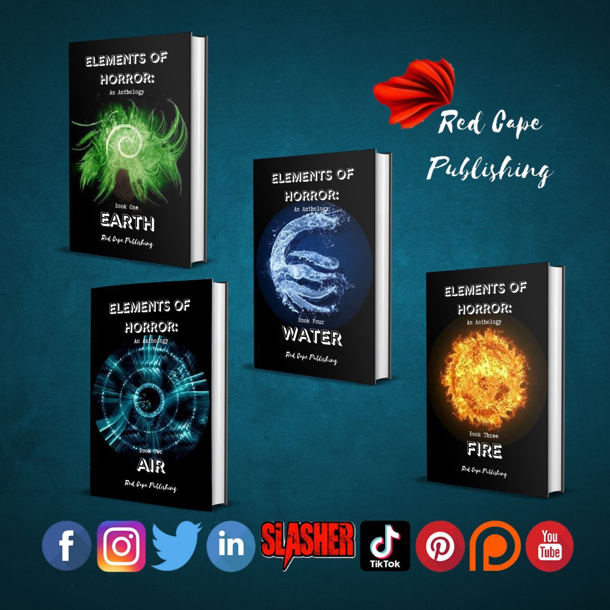 The Elements of Horror Series were our first anthologies! Experience the variety of terrors within, all based around the elements of Earth (buff.ly/38LGPD4), Air (buff.ly/3uQe6I7), Fire (buff.ly/3uELstc), and Water (buff.ly/3b2fH5q).