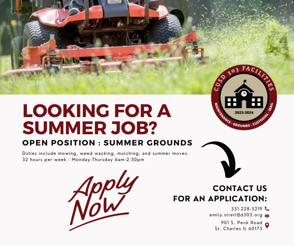 D303 Grounds has open positions for the summer!☀️😎 Contact Emily Streit and apply today!📝