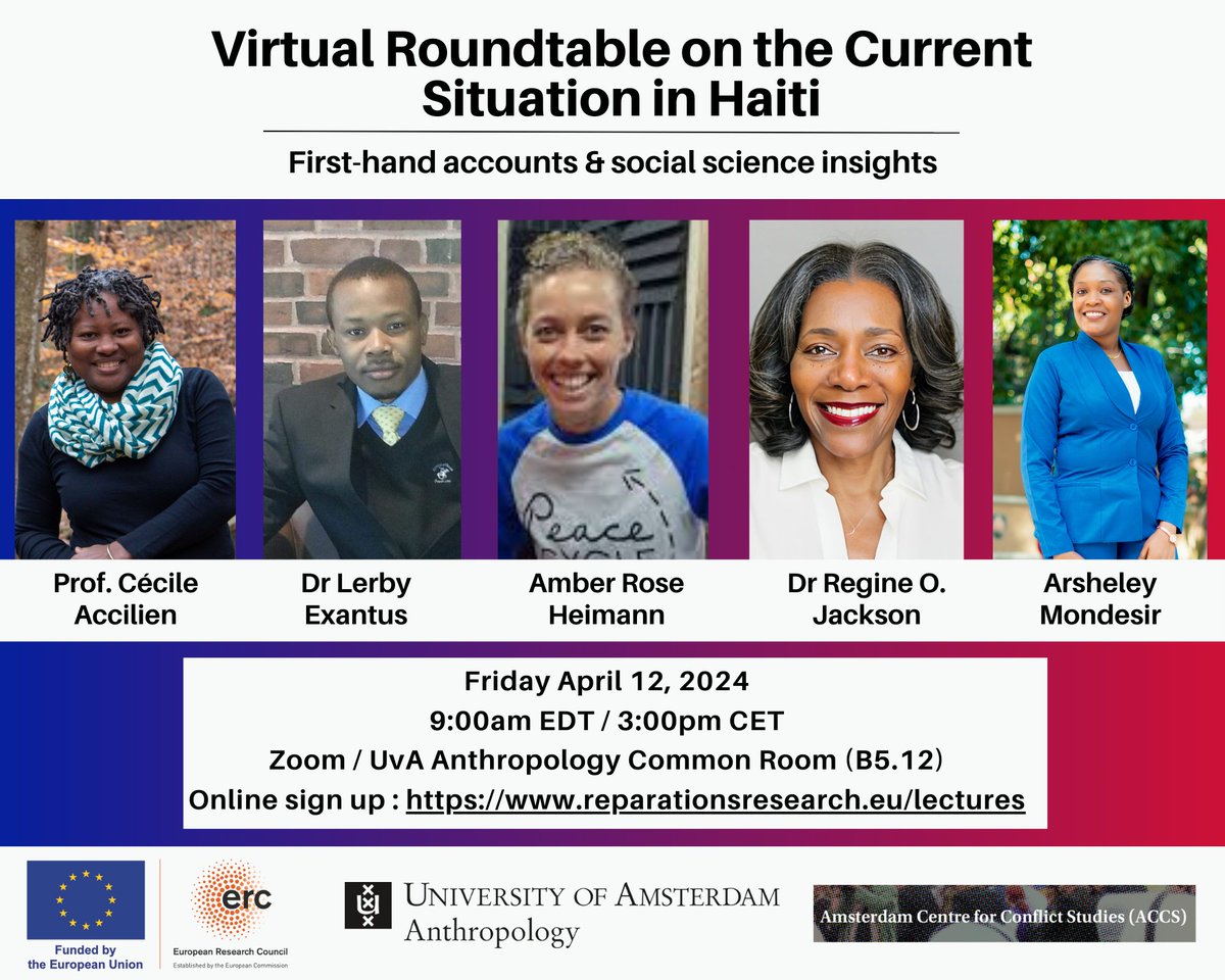 🚨Tomorrow (12 April) at 9.00 am EDT/ 3.00 pm CET we are hosting a Virtual Roundtable on the Current Situation in #Haiti with @UvA_AISSR. Find out more and register via our website: reparationsresearch.eu/lectures @HaitianStudies @NewsCalan @SocCaribbean @CreateCaribbean @UCLAmericas