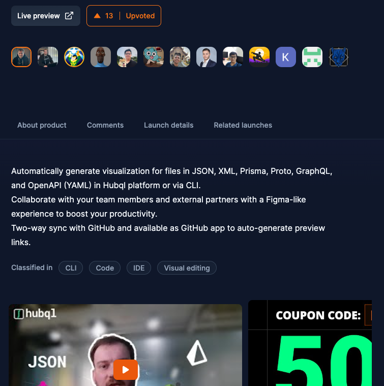 We are launching on <a href="/devhunt_/">Dev Hunt</a>  this week! 🚀

We just added #OpenAPI #yaml collaboration and visualization support! 🎉

Check out our newest release and all the other awesome tools here: devhunt.org/tool/hubql
