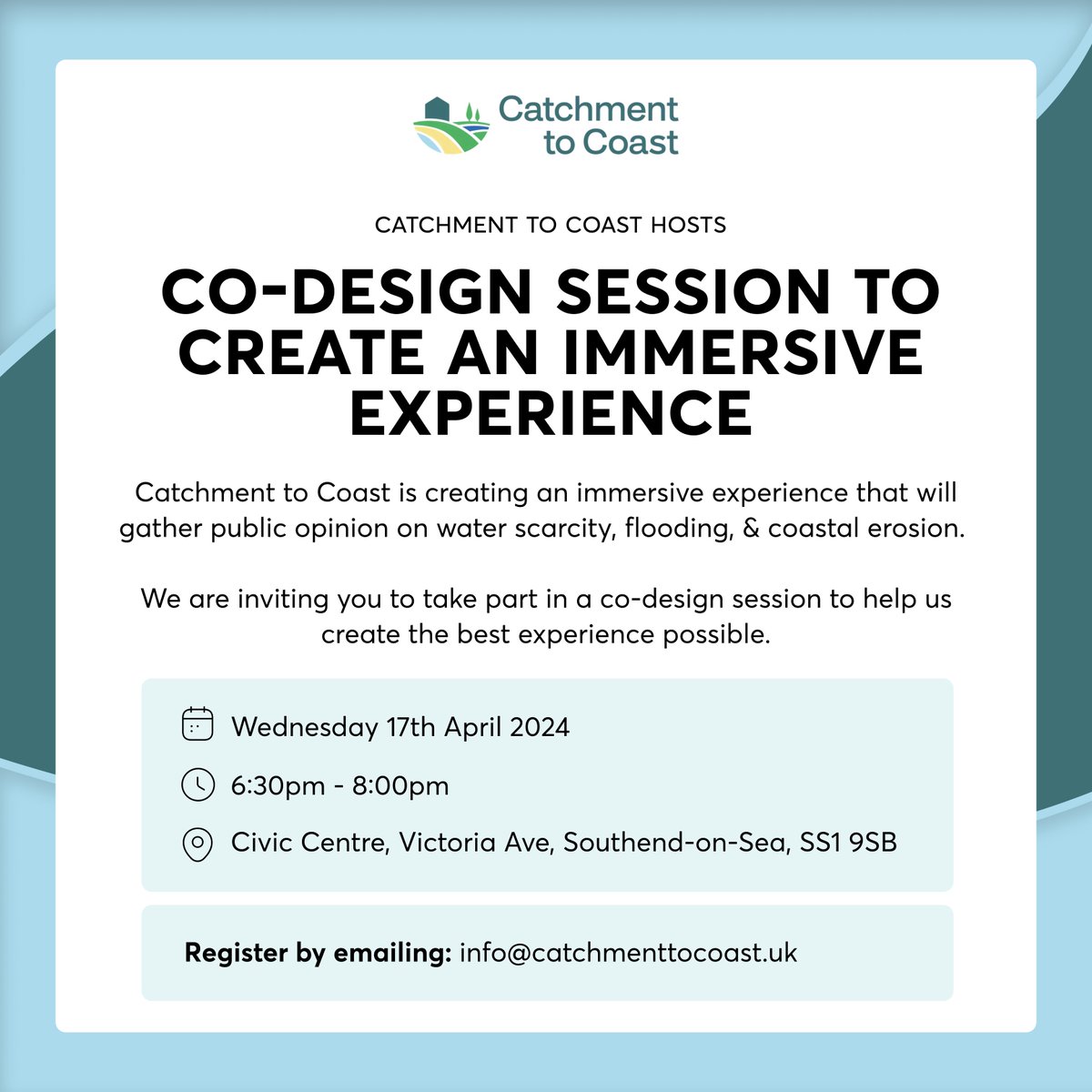 Catchment to Coast want to hear your ideas! 🌊 We are a partner on the Catchment to Coast project, who are inviting you to a co-design session on 17 April to help us create an immersive experience. Register your attendance 👉 info@catchmenttocoast.uk