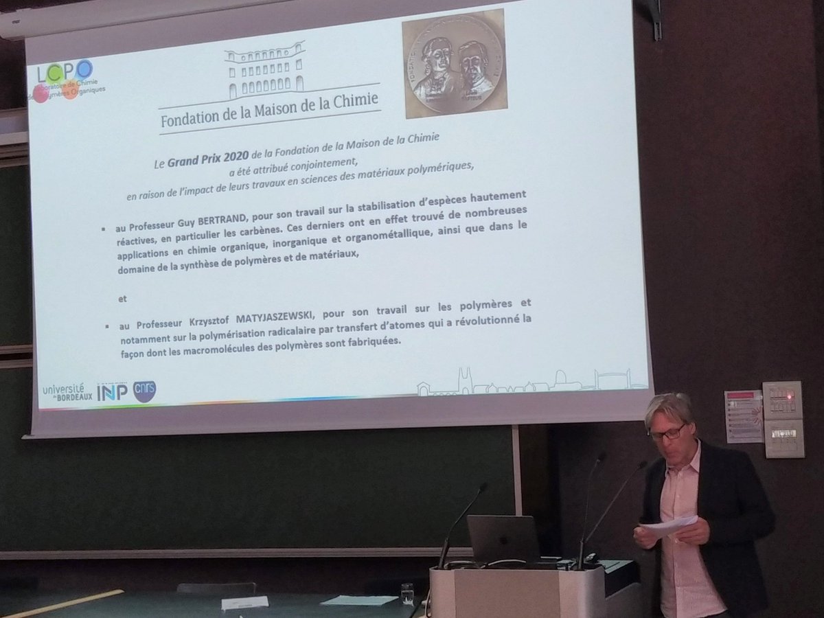 LCPO (@lcpo_bordeaux) on Twitter photo Followed this afternoon by 2 exceptional seminars given by Prof. Guy Bertrand <a href="/UCSD/">UC San Diego</a> and Prof. Krzysztof Matyjaszewski <a href="/MatyPolymerLab/">Matyjaszewski Lab</a>, who both received the most prestigious Grand Prize of the Foundation of <a href="/Maison_Chimie/">Maison de la Chimie</a> 🏅 Followed this afternoon by 2 exceptional seminars given by Prof. Guy Bertrand <a href="/UCSD/">UC San Diego</a> and Prof. Krzysztof Matyjaszewski <a href="/MatyPolymerLab/">Matyjaszewski Lab</a>, who both received the most prestigious Grand Prize of the Foundation of <a href="/Maison_Chimie/">Maison de la Chimie</a> 🏅