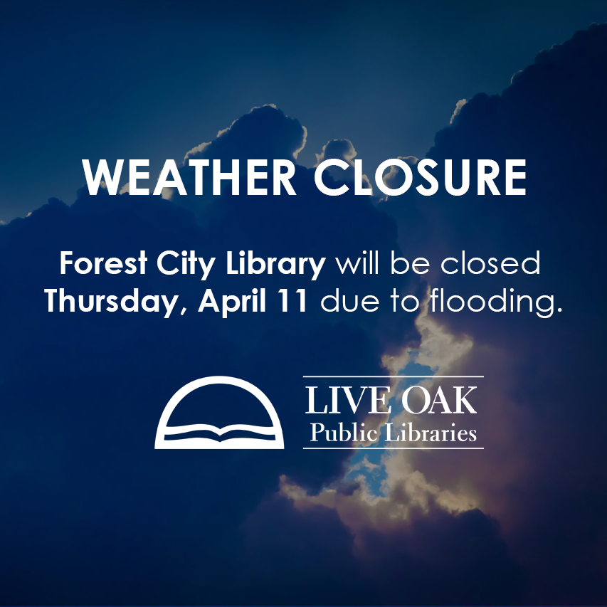 Weather Closure: Due to flooding, Forest City Library will be closed today, April 11.