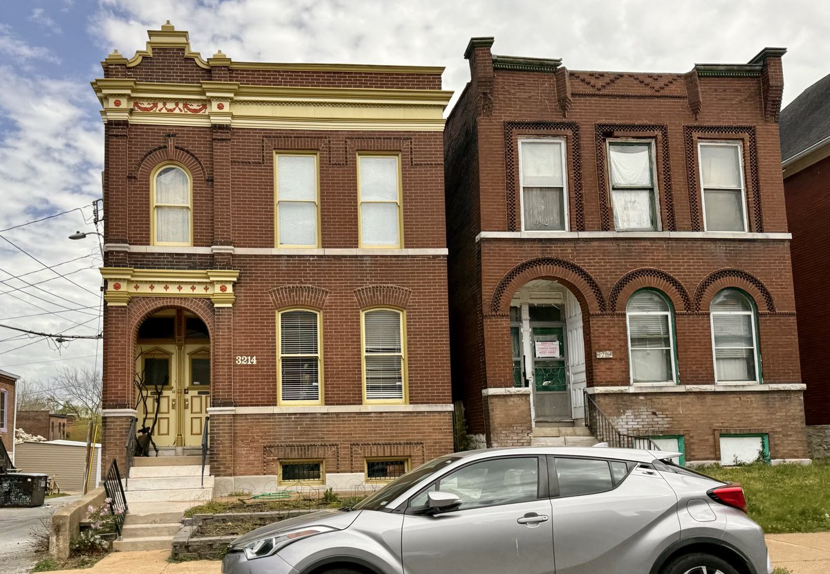 Two Victorian houses on Indiana in Benton Park, St Louis, built in 1899. The one on the left was converted to a single family, and the one on the right is condemned. Hopefully they can end up restoring the other one!